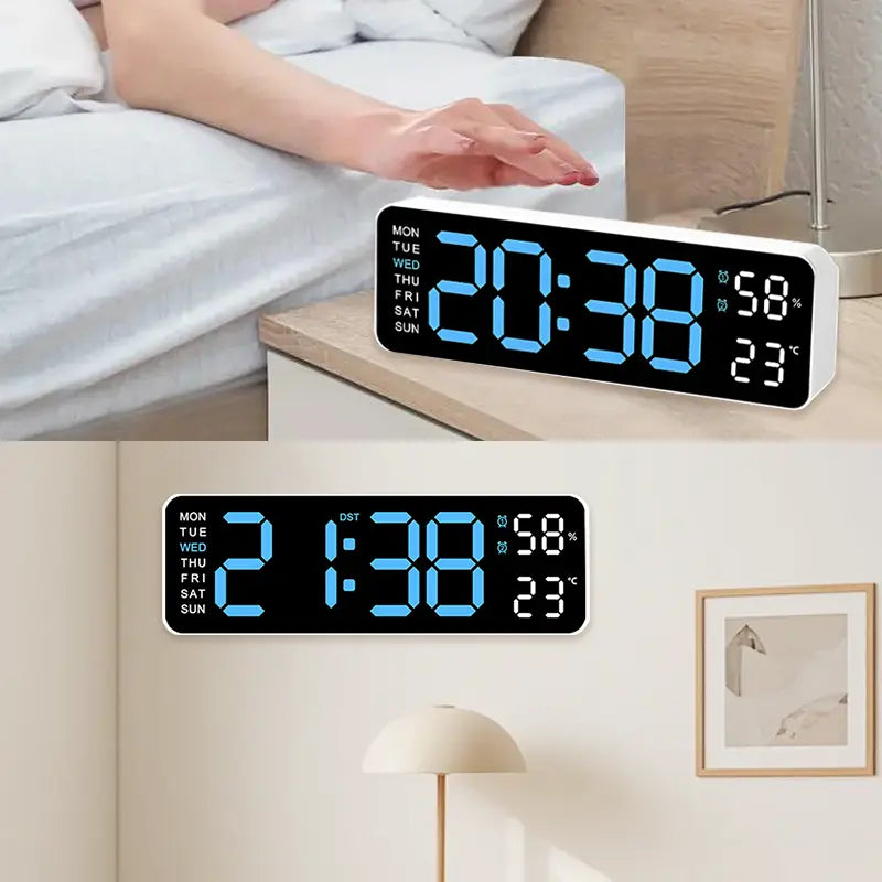 Modern LED Digital Alarm Clock with Glass - Bedside Clock, Multi-Functional Large Display, Time, Temperature, Day of Week, Auto Dimming, USB Port, Usb-Powered, Easy-To-Read for Seniors, Home Decor for Nightstand