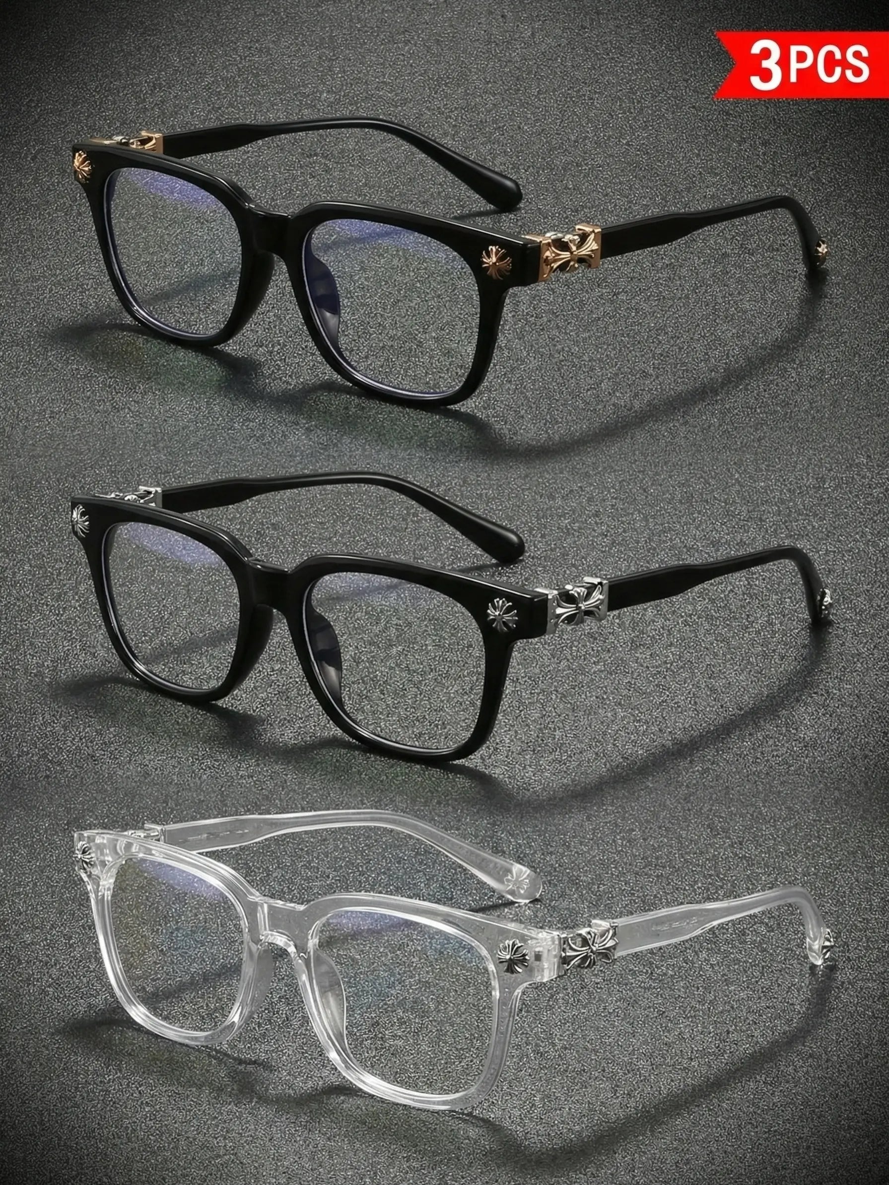 3 Pairs Fashion Square Frame Plain Glasses, Trendy Frames, Luxurious Cross Design for Unisex, Lightweight Retro Blue Light Blocking Eyewear, Computer Glasses, Square Glasses Set, Fashionable Frames Glasses, Square Frames Eyeglasses