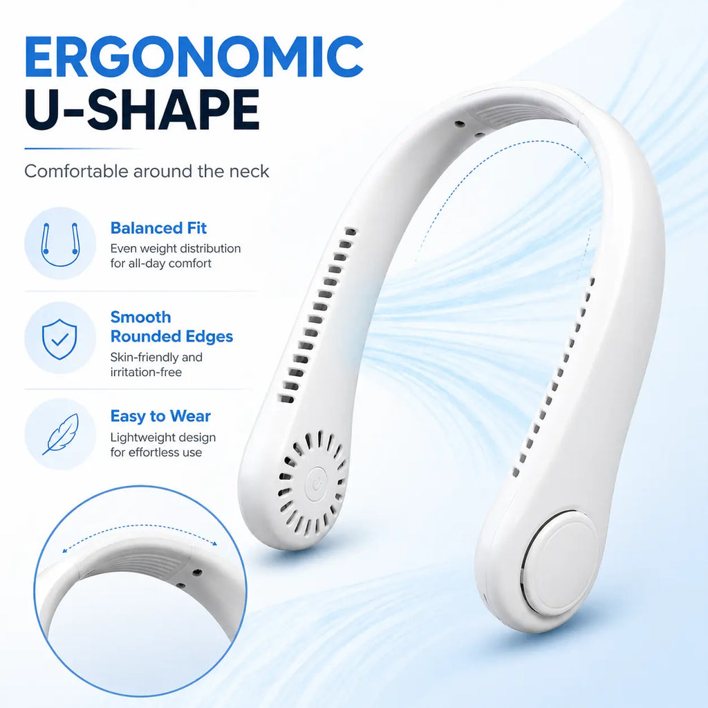 Hands-Free Neck Fan – Portable Wearable Cooling, Lightweight U-Shaped Design for Summer Travel, Outdoor Activities, Office, Commuting & Everyday Comfort