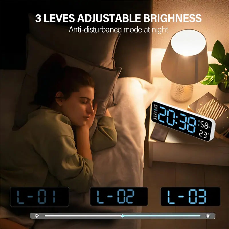 Modern LED Digital Alarm Clock with Glass - Bedside Clock, Multi-Functional Large Display, Time, Temperature, Day of Week, Auto Dimming, USB Port, Usb-Powered, Easy-To-Read for Seniors, Home Decor for Nightstand
