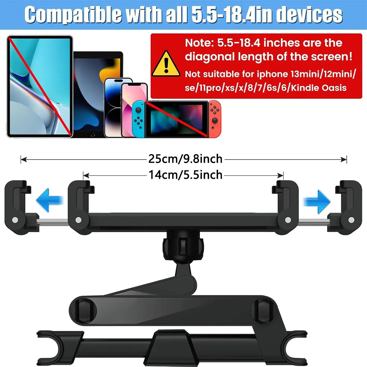 Car Headrest Phone and Tablet Holder with 360° Rotating Extension Arm, Fits 4.7–11‑Inch Ipad and Iphone, Travel Must-Have for Kids, Secure Holder Smartphone, Car Phone Mount, Car Phone Holders