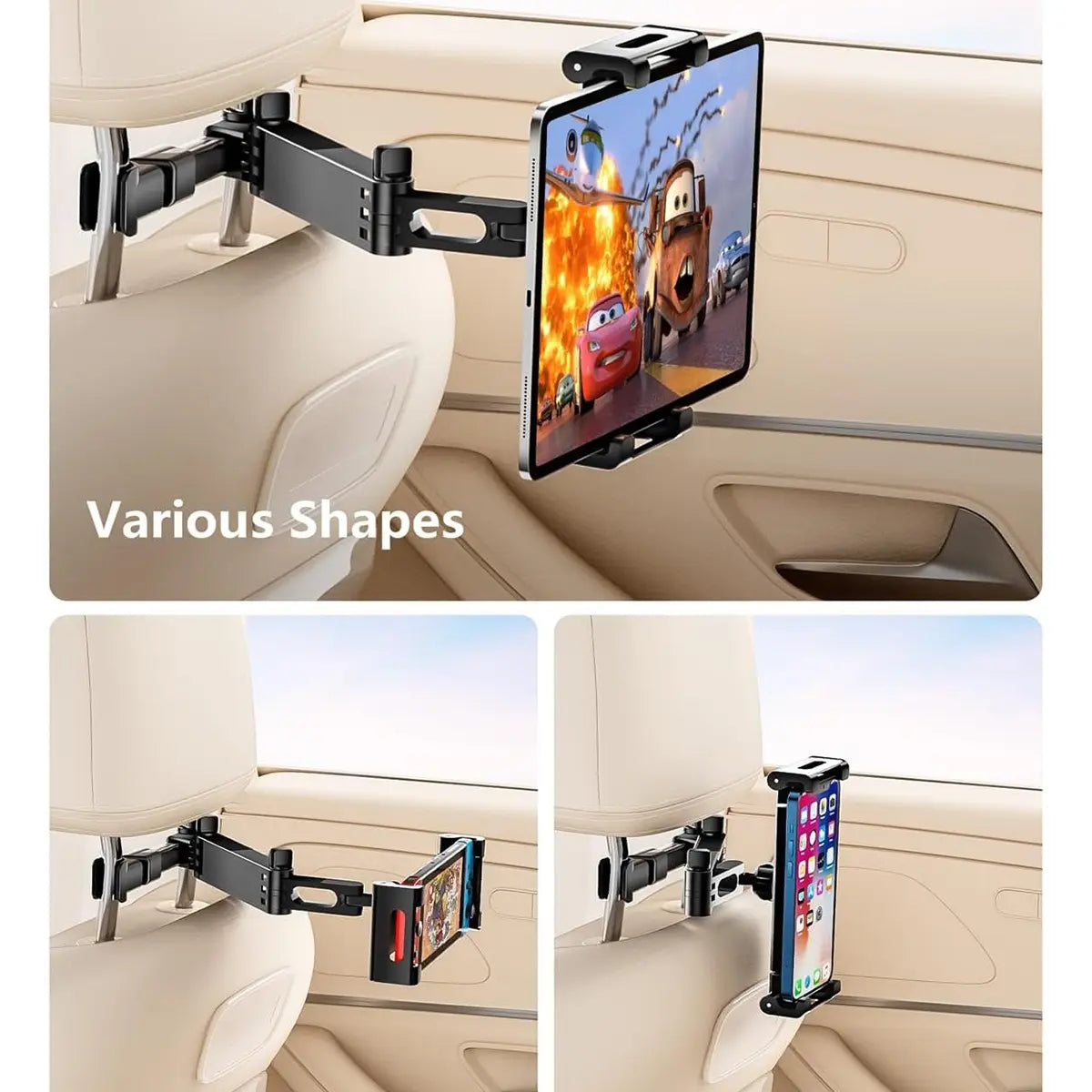 Car Headrest Phone and Tablet Holder with 360° Rotating Extension Arm, Fits 4.7–11‑Inch Ipad and Iphone, Travel Must-Have for Kids, Secure Holder Smartphone, Car Phone Mount, Car Phone Holders