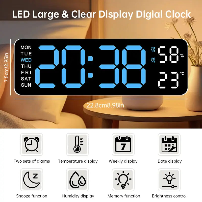 Modern LED Digital Alarm Clock with Glass - Bedside Clock, Multi-Functional Large Display, Time, Temperature, Day of Week, Auto Dimming, USB Port, Usb-Powered, Easy-To-Read for Seniors, Home Decor for Nightstand