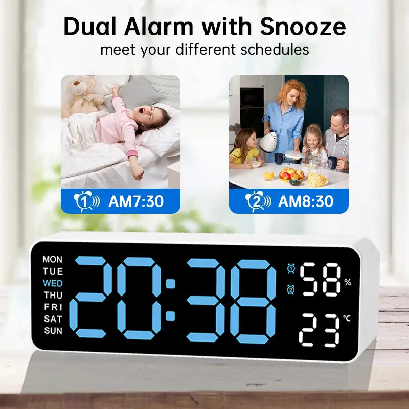 Modern LED Digital Alarm Clock with Glass - Bedside Clock, Multi-Functional Large Display, Time, Temperature, Day of Week, Auto Dimming, USB Port, Usb-Powered, Easy-To-Read for Seniors, Home Decor for Nightstand