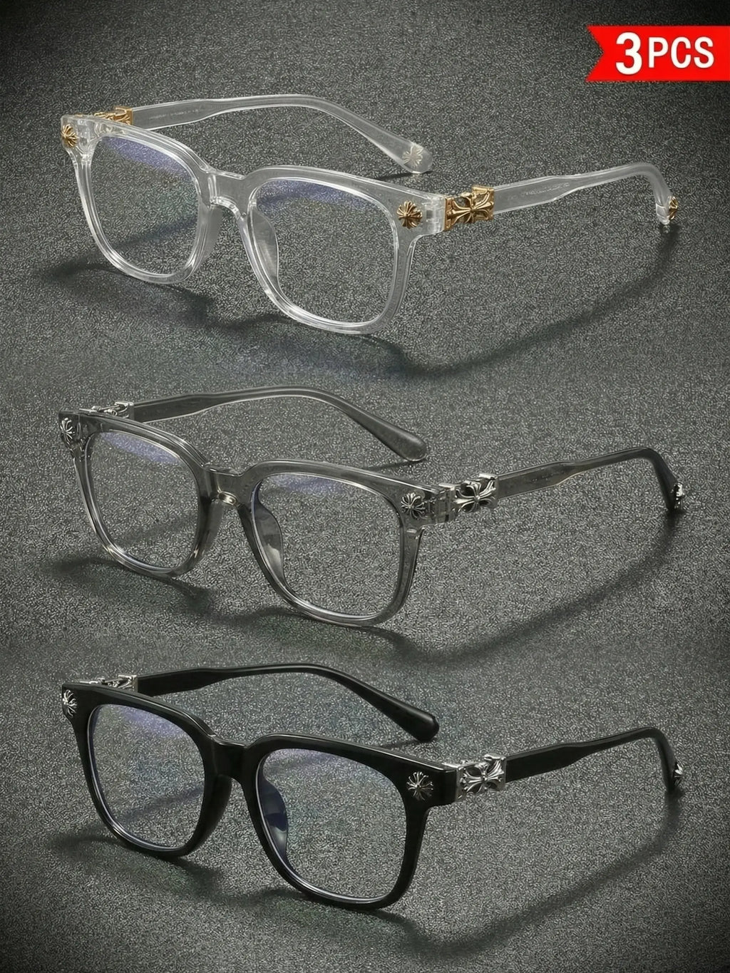 3 Pairs Fashion Square Frame Plain Glasses, Trendy Frames, Luxurious Cross Design for Unisex, Lightweight Retro Blue Light Blocking Eyewear, Computer Glasses, Square Glasses Set, Fashionable Frames Glasses, Square Frames Eyeglasses